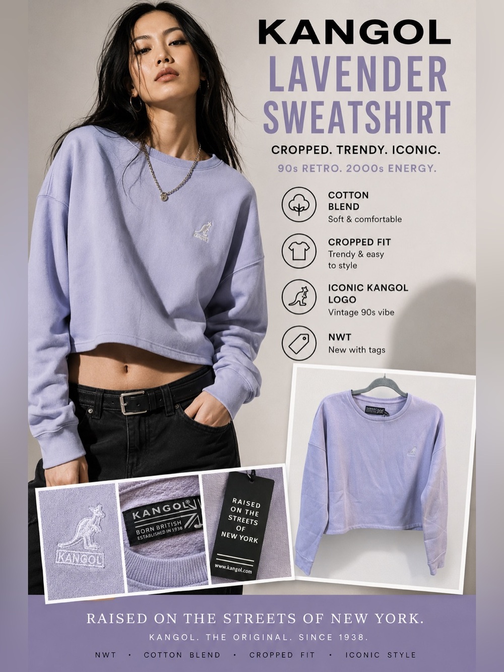 Kangol Lavender Cropped Crewneck Sweatshirt XL NWT Streetwear Cotton Blend
